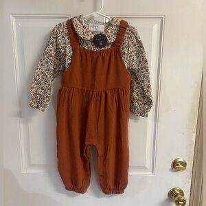 NWT Size 3 Abby & Evie Terracotta floral swiss dot overalls/long sleeve top